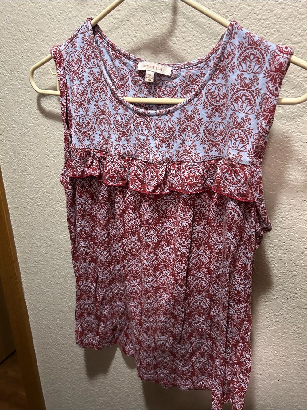Skies Are Blue Red and White Floral Ruffle Sleeveless Top